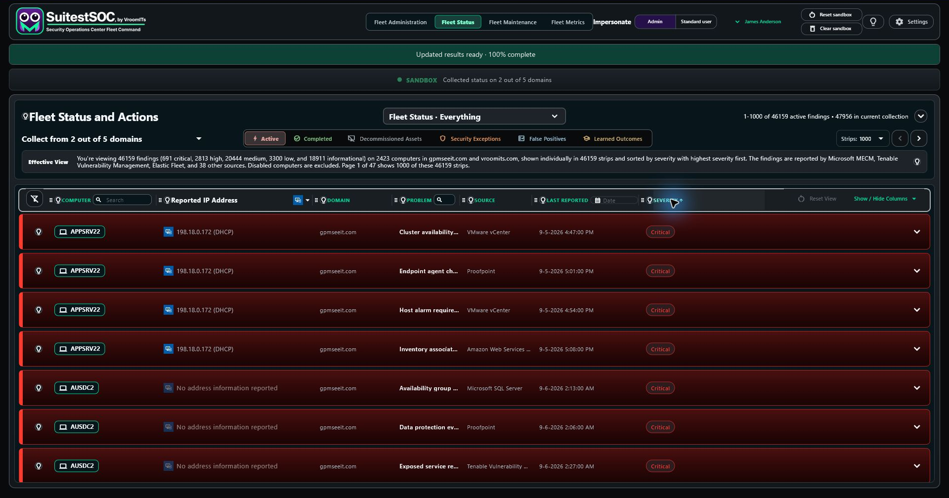 Fleet Status showing reported findings, source labels and scope in the current training sandbox.